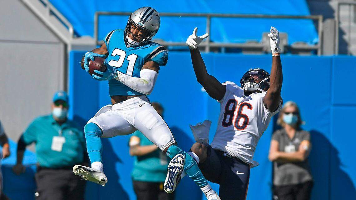 Carolina Panther defender Jeremy Chinn (21) intercepts a pass in 2020. Chinn finished second in NFL Rookie of the Year voting in 2020, behind Washington’s Chase Young.