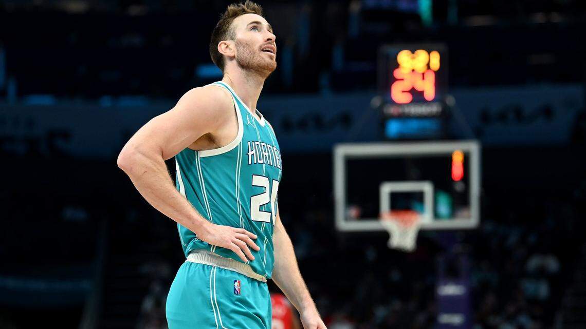 Charlotte Hornets forward Gordon Hayward walks away following a foul call during second half action on Wednesday, December 8, 2021 at Spectrum Center in Charlotte, NC. The Philadelphia 76ers defeated the Hornets 110-106.