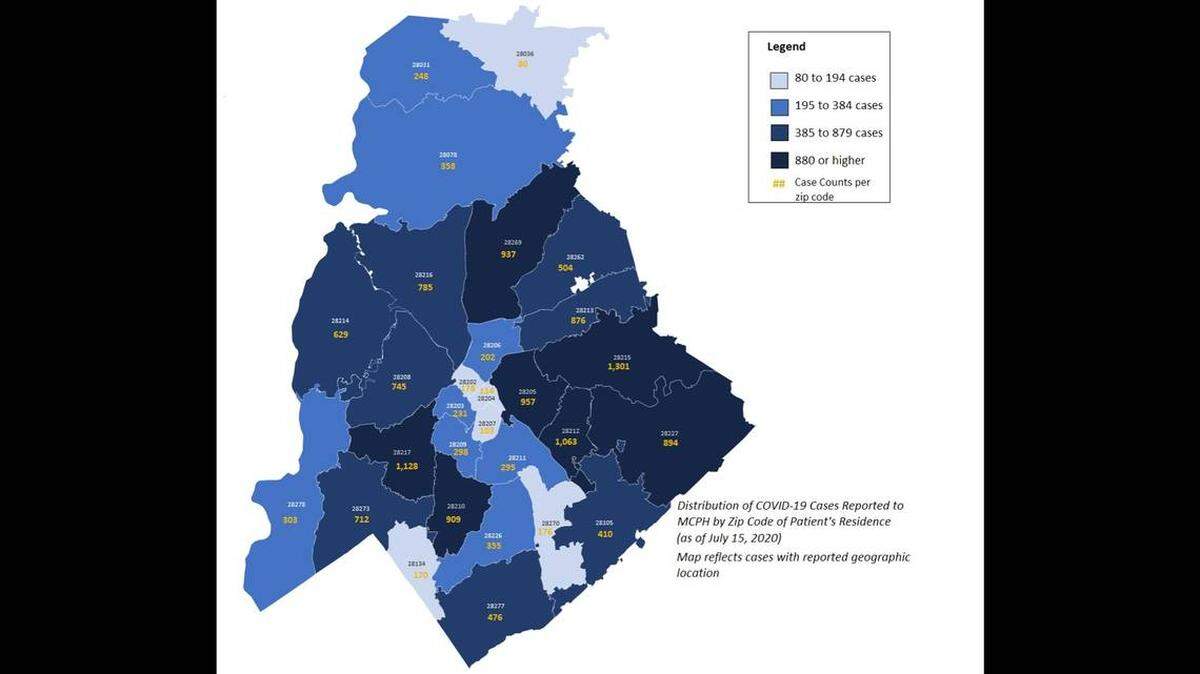Mecklenburg County distribution of COVID-19 cases, by ZIP code, as of July 15, 2020, which is the latest demographic data available. 