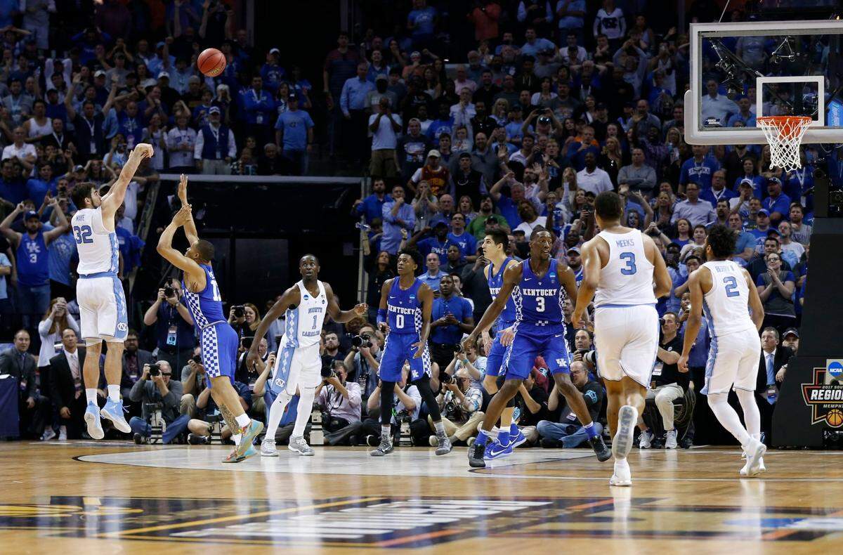 North Carolina forward Luke Maye (32) hit the game-winning shot when Kentucky played North Carolina in the championship game of the NCAA South Region at FedExForum in Memphis, Tn., on March 26, 2017. UNC won, 75-73, to advance to the Final Four and eventually won the national championship that season.