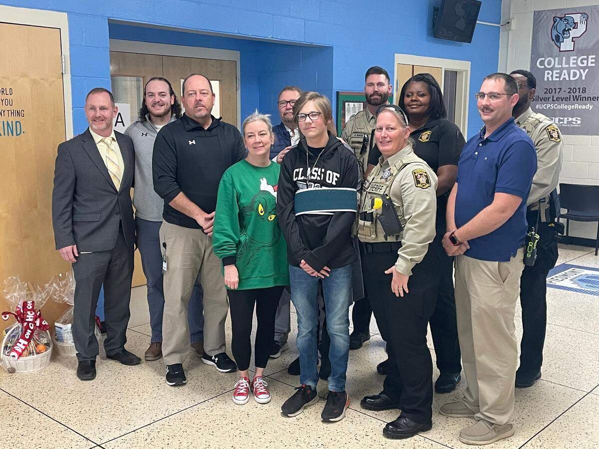 Matthew Carter and his parents returned to Piedmont High School on Thursday, Dec. 16, 2021, to thank the school staff that saved his life last week after he had a cardiac episode.