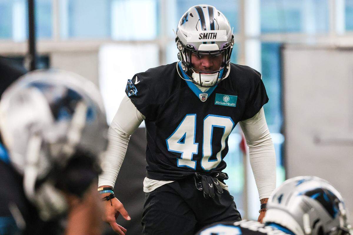 Panthers linebacker Brandon Smith during the stretch period on day two of mini camp on Wednesday, June 15, 2022 in Charlotte, NC.