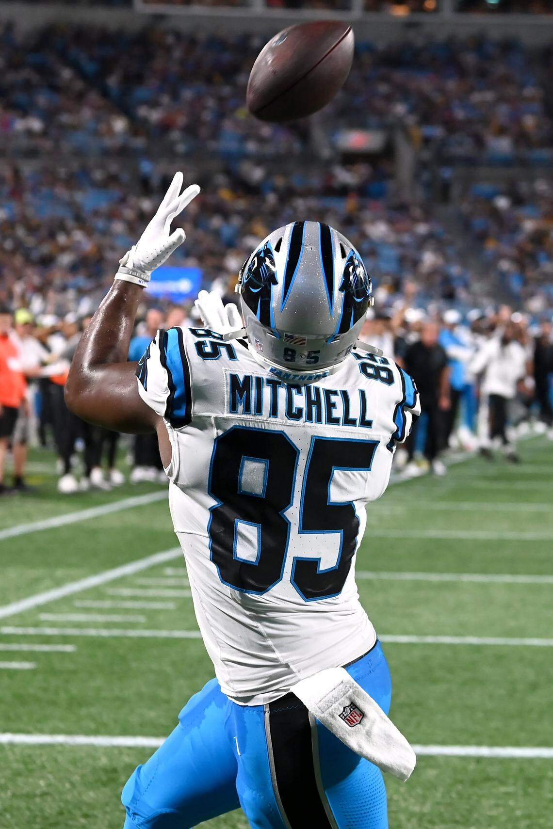 Carolina Panthers tight end James Mitchell reaches up to catch a touchdown pass during action against the Pittsburgh Steelers at Bank of America Stadium in Charlotte, NC on Thursday, August 21, 2025.