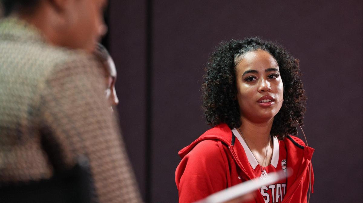 NC State’s Madison Hayes speaks to media during the ACC Women’s Basketball Tipoff in Charlotte, NC on Tuesday, October 23, 2023.