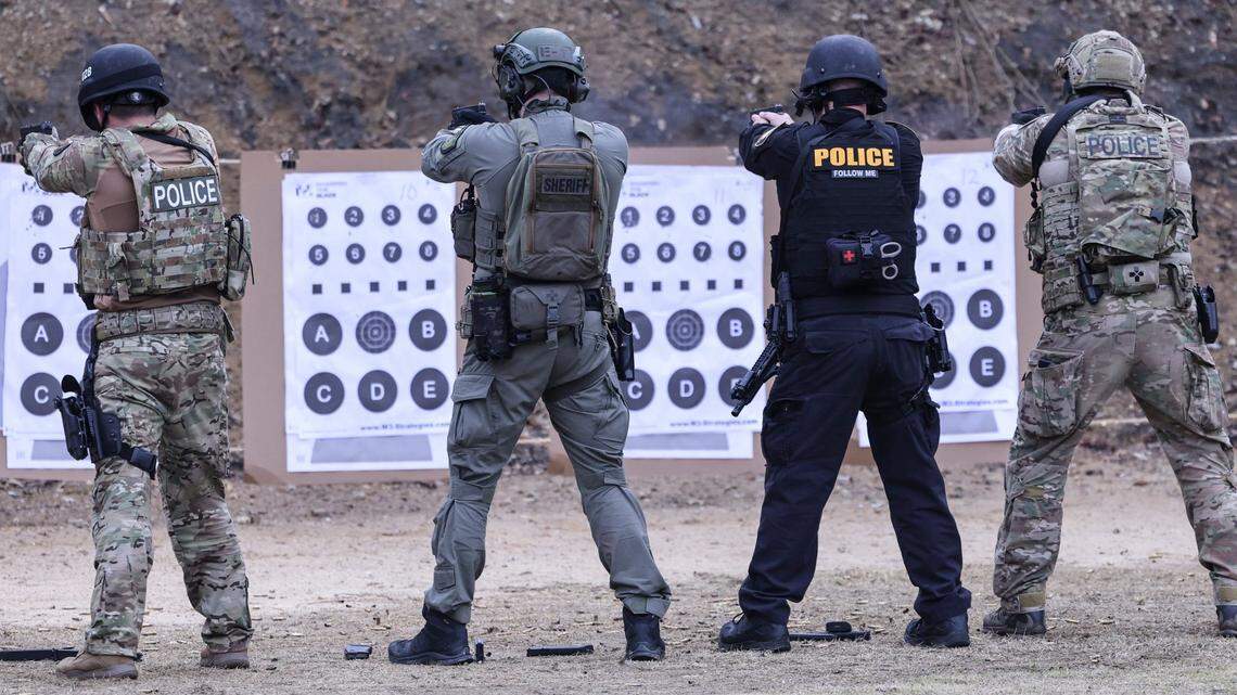 Law enforcement officers train in shooting fundamentals during a SWAT training class at the North Carolina Justice Academy in Salemburg Tuesday, Feb. 8, 2022.