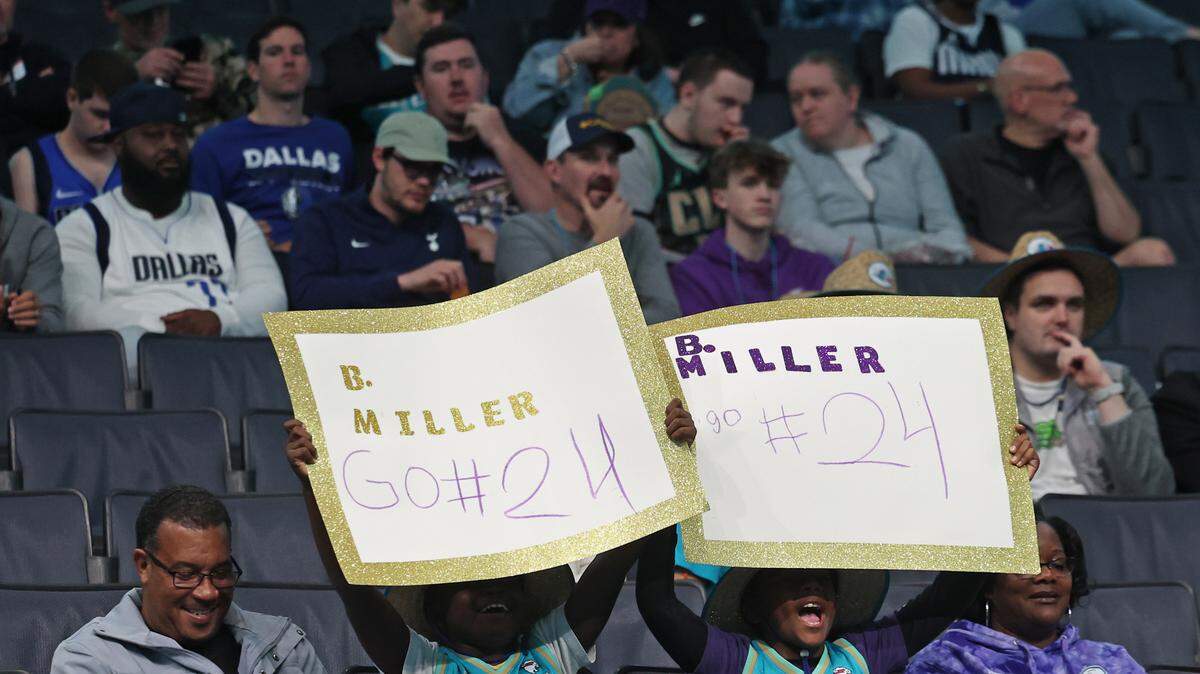 Charlotte Hornets fans show their support for rookie forward/guard Brandon Miller at Spectrum Center in Charlotte, NC on Tuesday, April 9, 2024. The Dallas Mavericks defeated the Hornets 130-104.