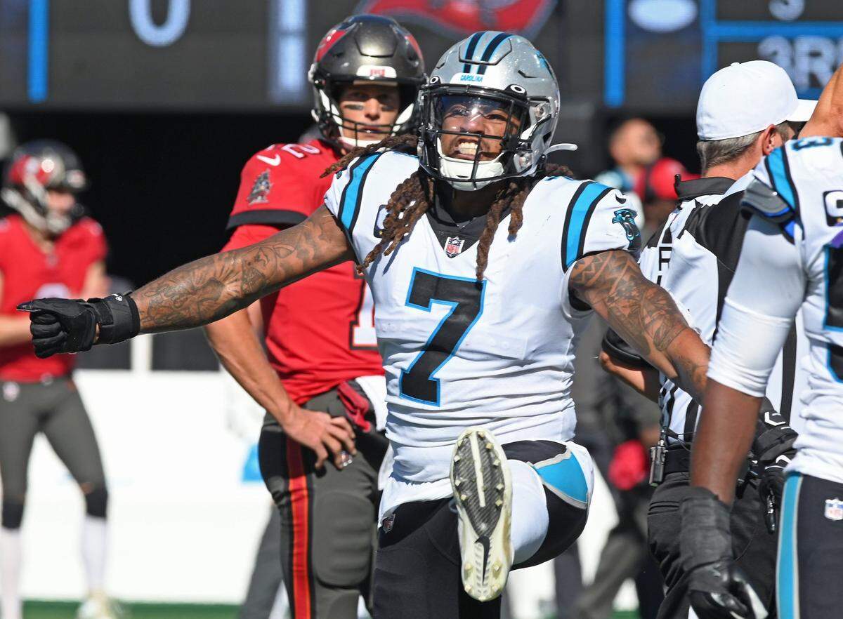 Carolina Panthers linebacker Shaq Thompson celebrates a defensive stop against the Tampa Bay Buccaneers during second half action at Bank of America Stadium in Charlotte, NC on Sunday, October 23, 2022. The Panthers defeated the Buccaneers 21-3.