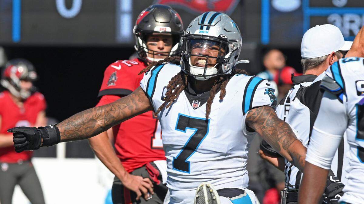 Carolina Panthers linebacker Shaq Thompson celebrates a defensive stop against the Tampa Bay Buccaneers during second half action at Bank of America Stadium in Charlotte, NC on Sunday, October 23, 2022. The Panthers defeated the Buccaneers 21-3.