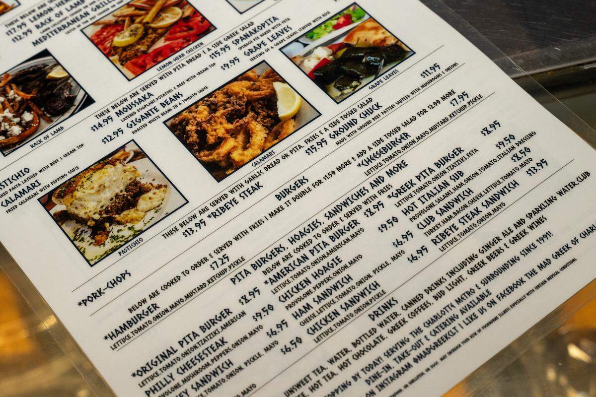 The Mad Greek Restaurant has a variety of food options including gyros, burgers, calamari, hoagies, steaks, spanakopita, moussaka, and pork chops.