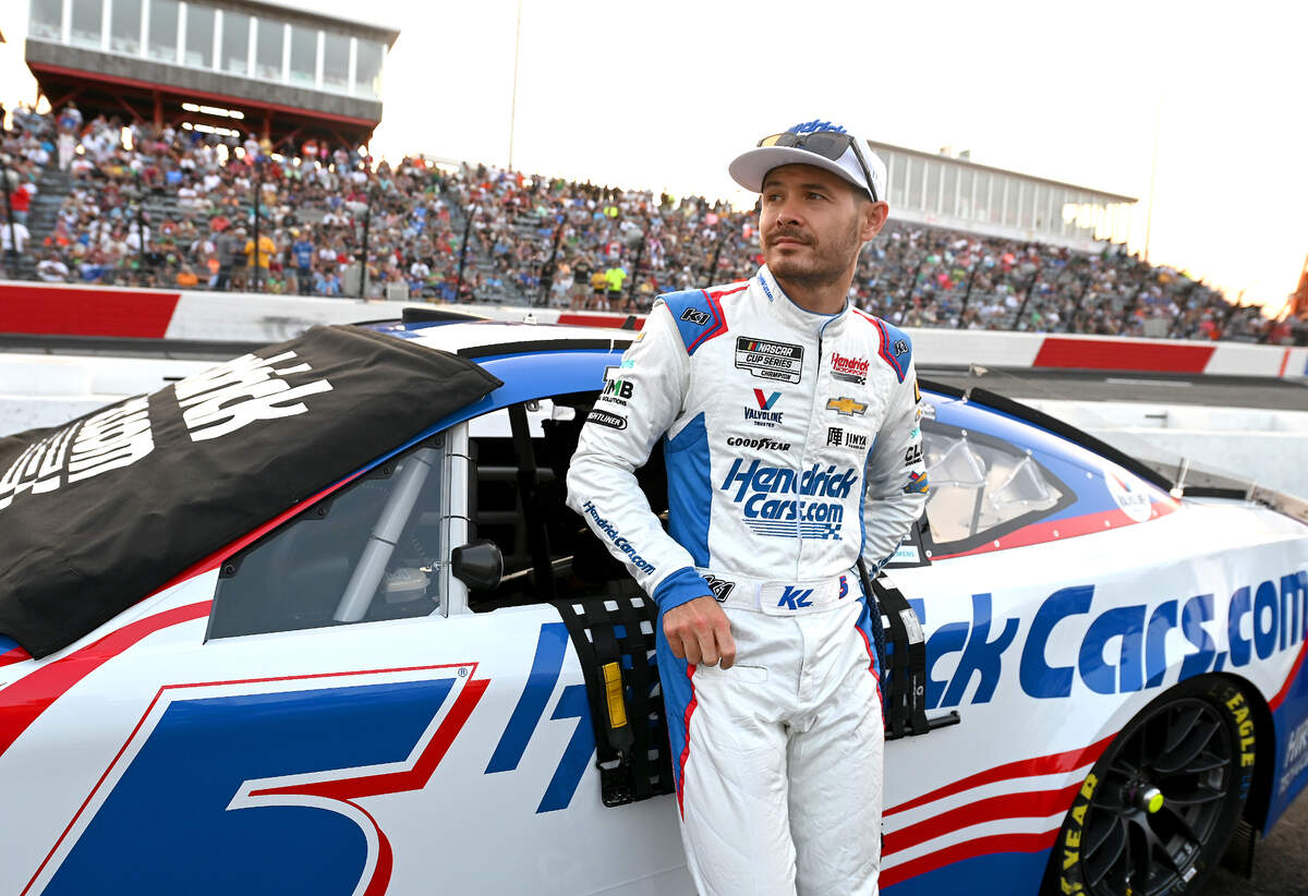 NASCAR driver Kyle Larson waits along pit road prior to the NASCAR All-Star race at North Wilkesboro Speedway on Sunday, May 21, 2023. Larson would go on to win the race.