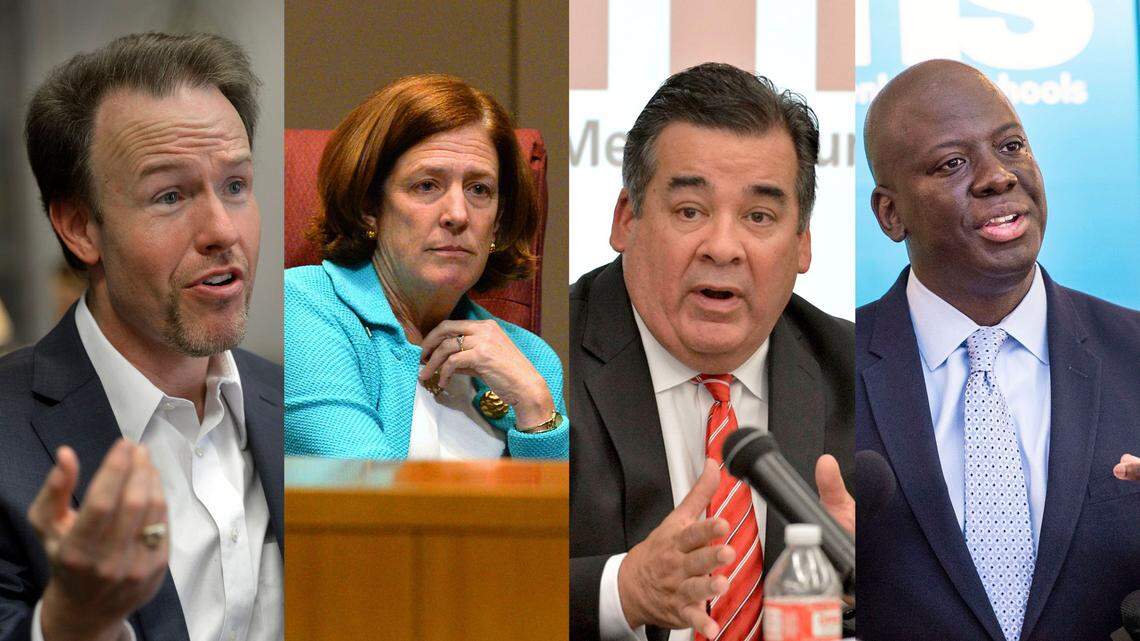 Past CMS superintendents Heath Morrison, left, Ann Clark, Clayton Wilcox and Earnest Winston, right.