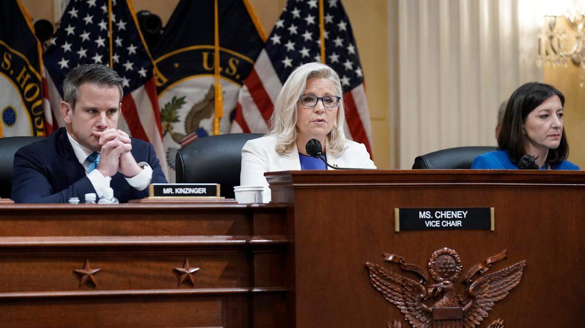 Vice Chair Liz Cheney, R-Wyo., speaks as the House select committee investigating the Jan. 6 attack on the U.S. Capitol holds a hearing at the Capitol in Washington on July 21, 2022. Rep. Adam Kinzinger, R-Ill., left, and Rep. Elaine Luria, D-Va., right, listen.