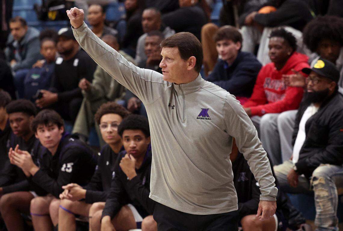 Ardrey Kell Knights head coach Mike Craft gives instructions to his team during action against the Weddington Warriors on Tuesday, Nov. 25, 2025 at Weddington High School. Coach Craft won his 350th game against Rocky River on Friday, January 9, 2026.