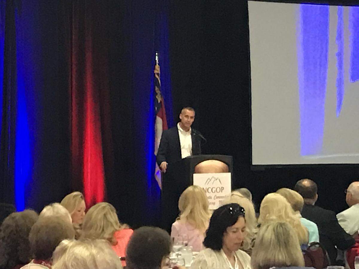 Former Trump campaign manager Corey Lewandowski addresses the N.C. GOP convetion in Hickory Saturday.