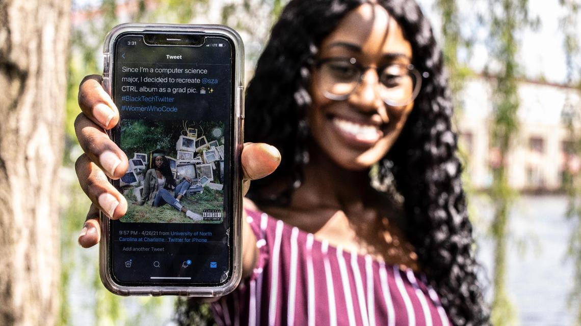 Maya Hamilton shows the photo she created and put on Twitter, which has received more than 333,000 likes, on Wednesday, April 28, 2021.