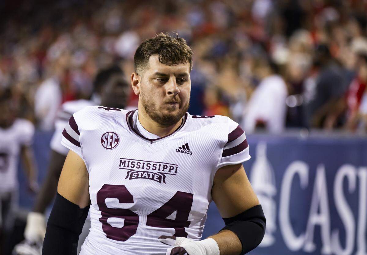 Sep 10, 2022; Tucson, Arizona, USA; Mississippi State Bulldogs offensive lineman Steven Losoya III (64) against the Arizona Wildcats at Arizona Stadium. Mandatory Credit: Mark J. Rebilas-USA TODAY Sports