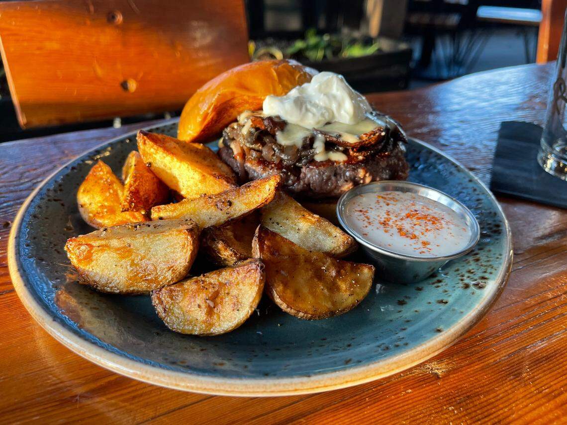 Rocksalt has rotated the burger on its menu once a quarter. This offering is topped with Gruyere, caramelized red onions, shiitake mushrooms and sour cream.