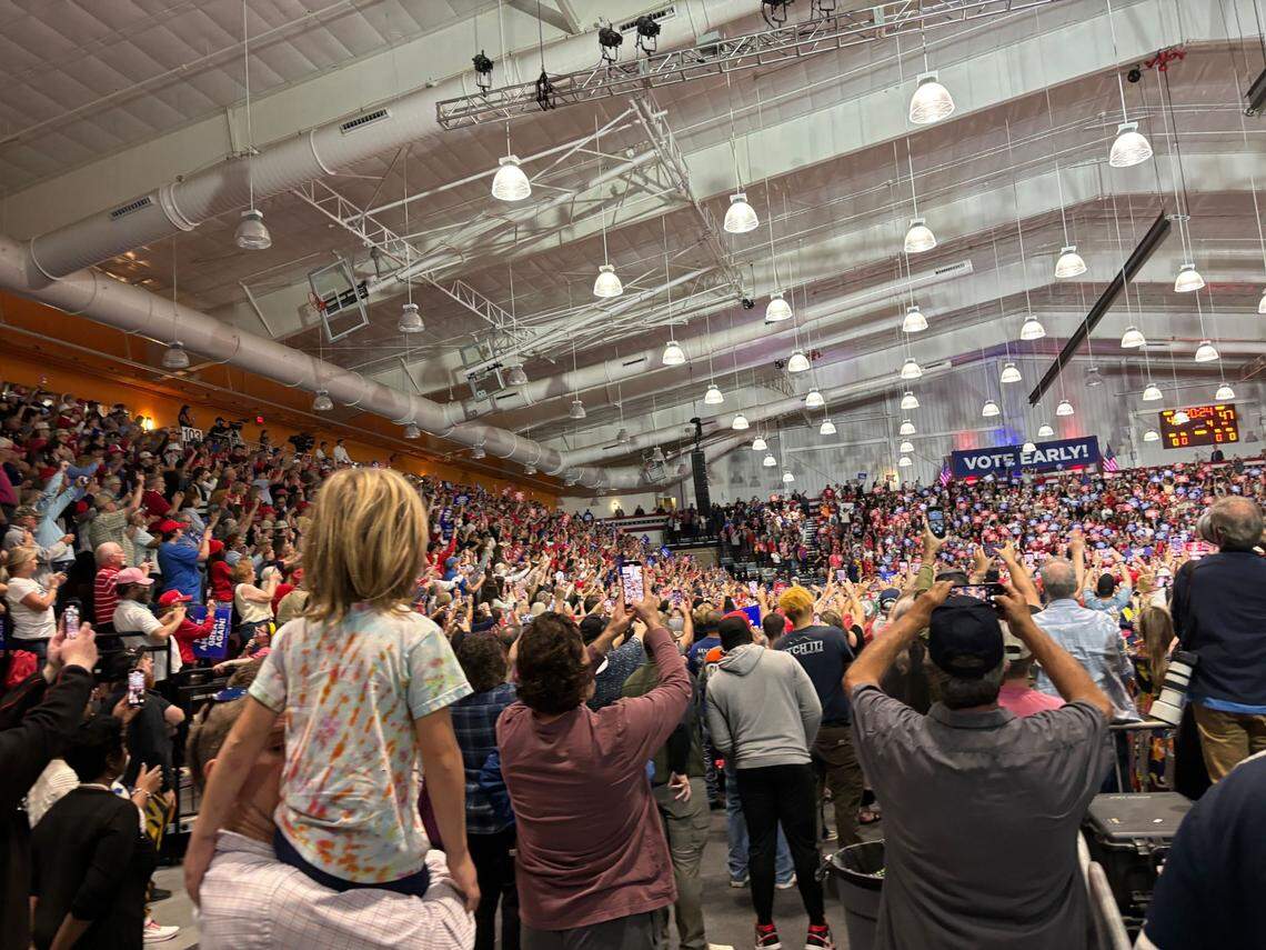 Former president Donald Trump holds a rally in Rocky Mount, NC on Wednesday, Oct. 30, 2024.