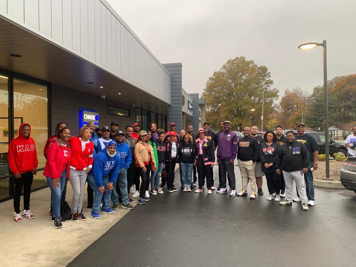 Members of historically Black fraternities and sororities pose with Rep. Alma Adams in Charlotte on Saturday, Nov. 5, 2022.