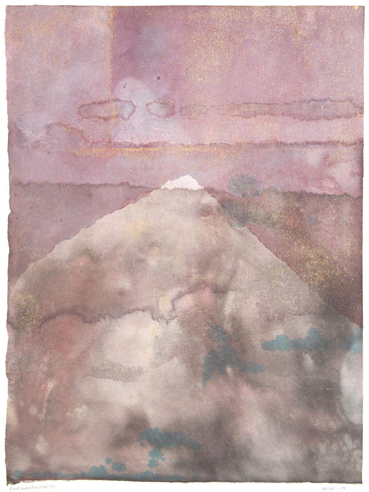 Lee Hall painted “Dusk Mountain Horizon” in 1976. It’s a watercolor on rice paper. Her muses were the American and Mediterranean landscape.
