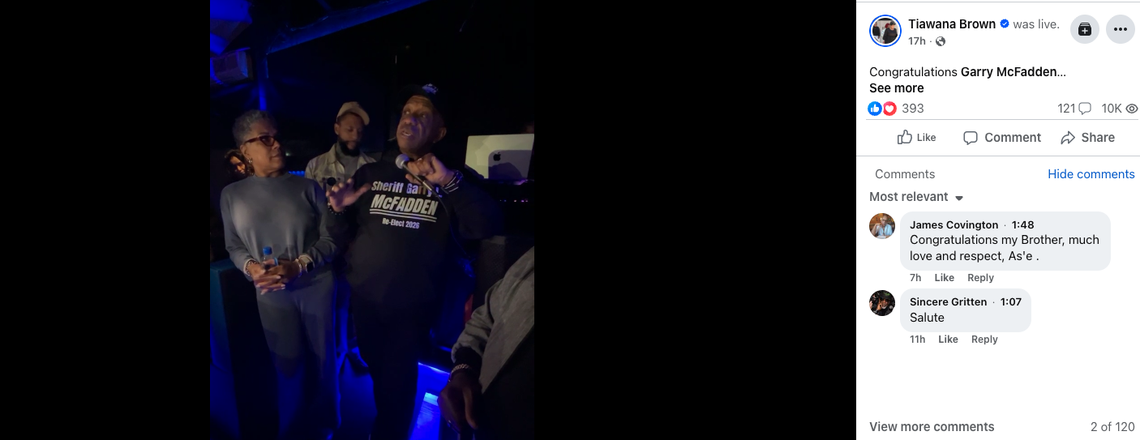 Sheriff Garry McFadden speaking at an election party on March 3, 2026.