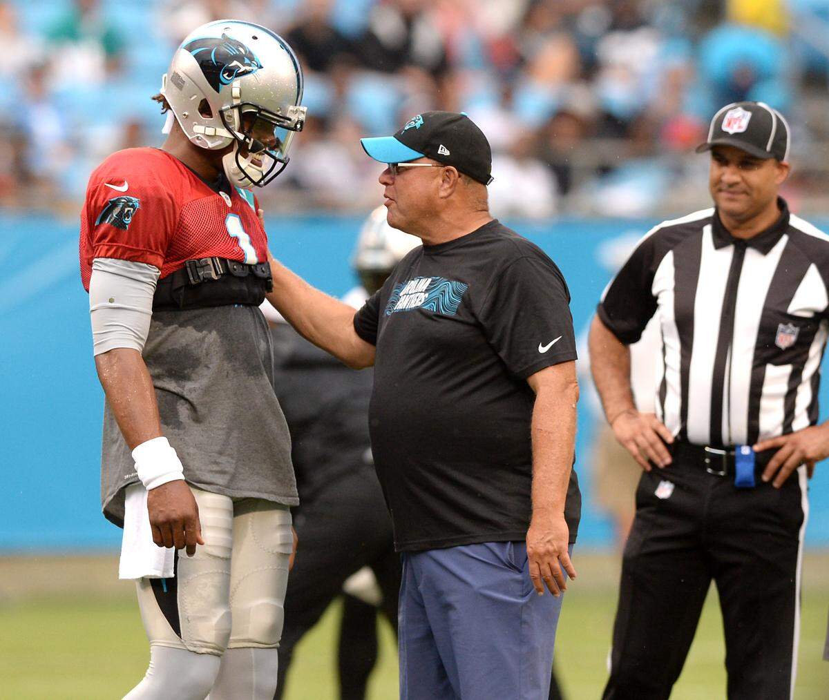 Carolina Panthers quarterback Cam Newton, left, talks with and team owner David Tepper during the team’s Fan Fest at Bank of America Stadium on Friday.