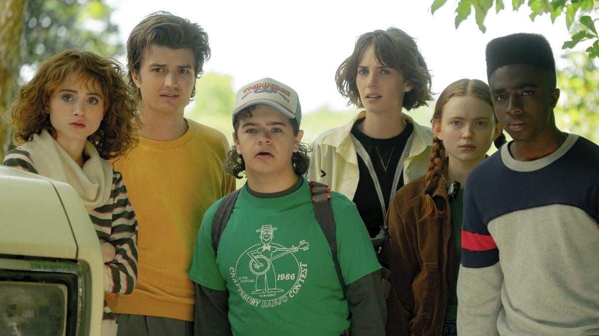 Part of “Stranger Things” main cast (left to right) Natalia Dyer, Joe Keery, Gaten Matarazzo, Maya Hawk, Sadie Sink and Caleb McLaughlin.