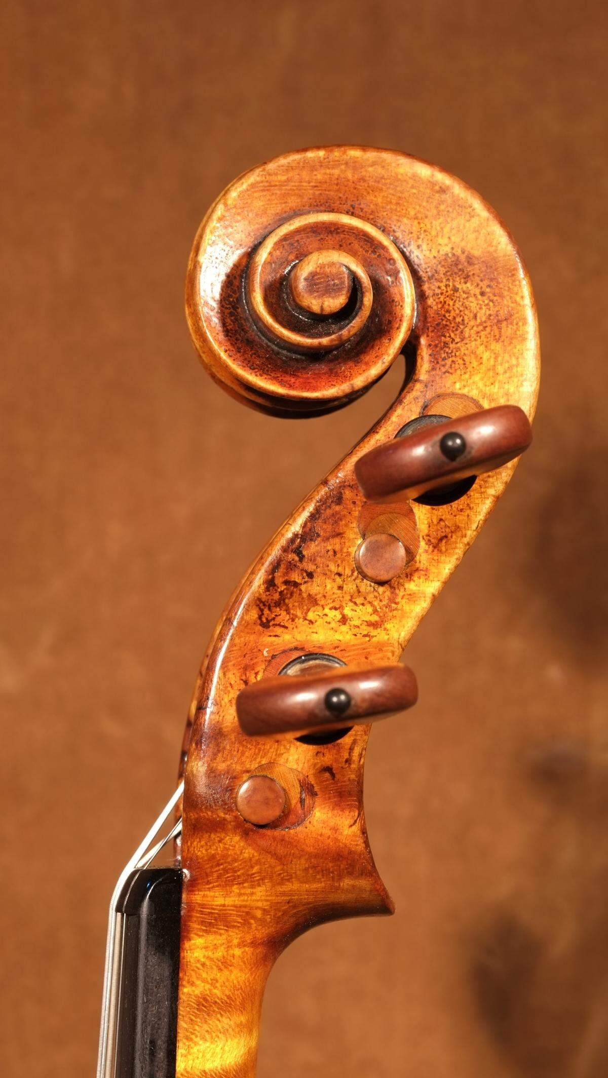 Close-up view of Heinrich “Zvi” Haftel’s violin. Haftel was concertmaster of the Palestine Orchestra in 1936. This “Violin of Hope,” will be used in Charlotte in April during performances around Holocaust Remembrance Day.
