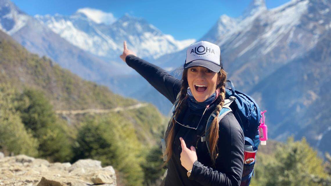 Mariah Bridges, photographed in Nepal earlier this week, with Mount Everest in the distance.
