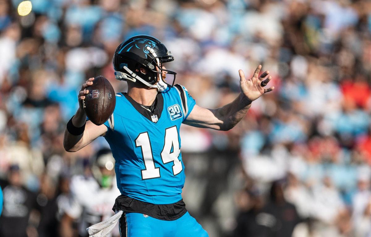 Carolina Panthers quarterback Andy Dalton threw for 221 yards against Atlanta Sunday in a 38-20 loss, but also had two fourth-quarter interceptions.