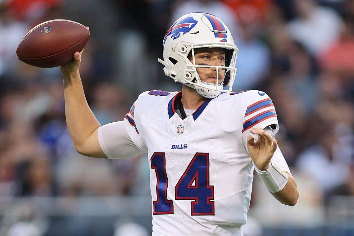 CHICAGO, ILLINOIS - AUGUST 17: Mike White #14 of the Buffalo Bills throws a pass against the Chicago Bears during the NFL Preseason 2025 game between Buffalo Bills and Chicago Bears at Soldier Field on August 17, 2025 in Chicago, Illinois. (Photo by Michael Reaves/Getty Images)