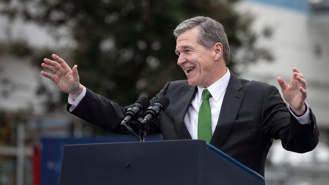 Gov. Roy Cooper speaks at Wolfspeed on Tuesday, March 28, 2023, in Durham, N.C. 
