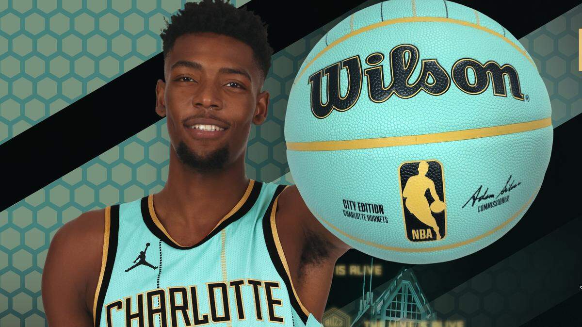 Brandon Miller poses in the Charlotte Hornets’ 2024-25 City Edition uniform.