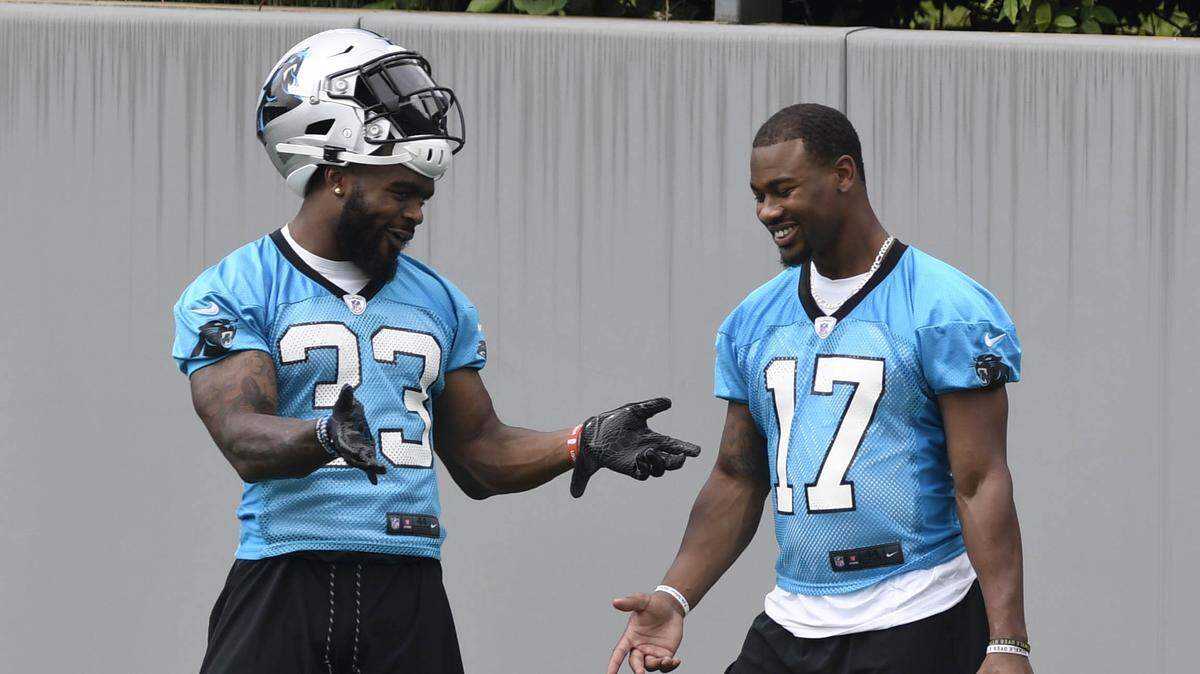 Former Georgia Bulldogs players and now Carolina Panthers rookies Elijah Holyfield and Terry Godwin (17) share a laugh during the second session of rookie camp at the team’s practice field on Friday.