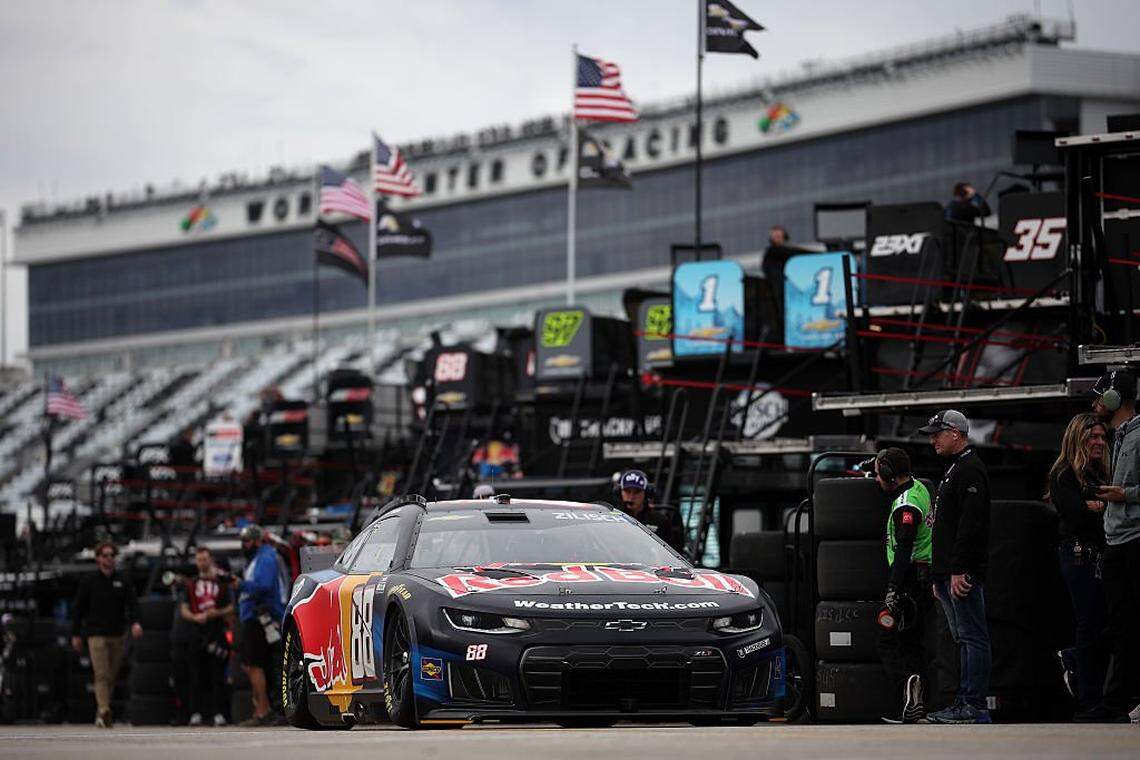 DAYTONA BEACH, FLORIDA - FEBRUARY 11: Connor Zilisch, driver of the #88 Red Bull Chevrolet, drives through the garage area during practice for the NASCAR Cup Series Daytona 500 at Daytona International Speedway on February 11, 2026 in Daytona Beach, Florida. (Photo by James Gilbert/Getty Images)