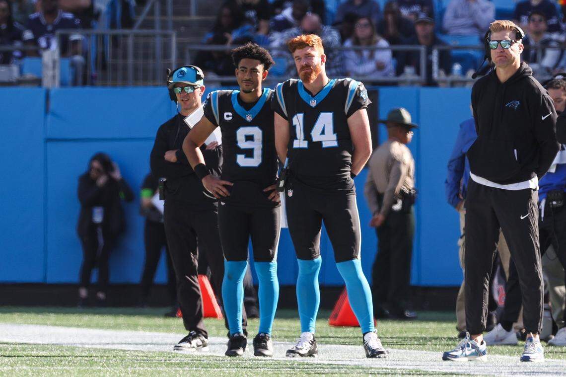 Panthers quarterbacks Bryce Young (9) and Andy Dalton (14) watch the game against the Cowboys from the sideline at Bank of America Stadium on Sunday, November 19, 2023 in Charlote, NC.
