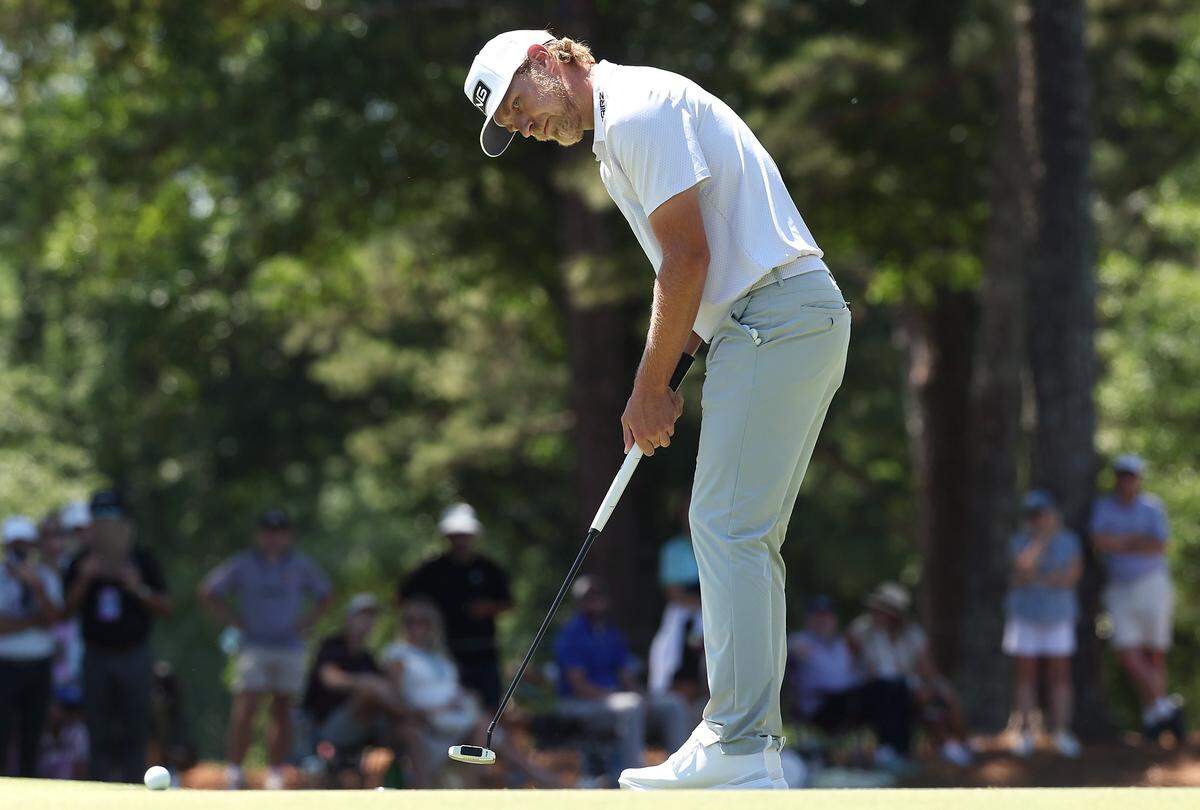 Kristoffer Reitan watches his putt roll toward the cup on the fifth green during the final round of the Truist Championship at Quail Hollow Club in Charlotte, NC on Sunday, May 10, 2026.