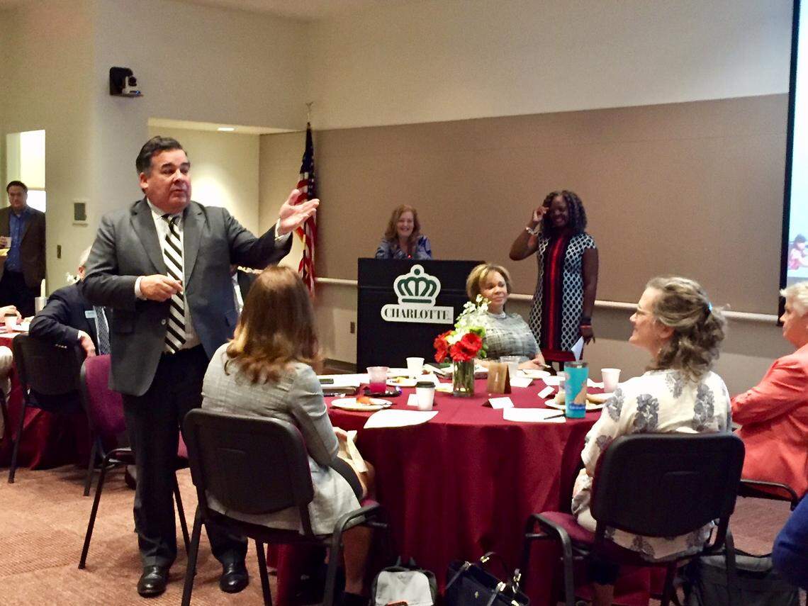 Charlotte Mecklenburg Schools Superintendent Clayton Wilcox welcomes officials from six of Mecklenburg’s seven municipalities to a Wednesday breakfast to discuss school construction and municipal charter schools.