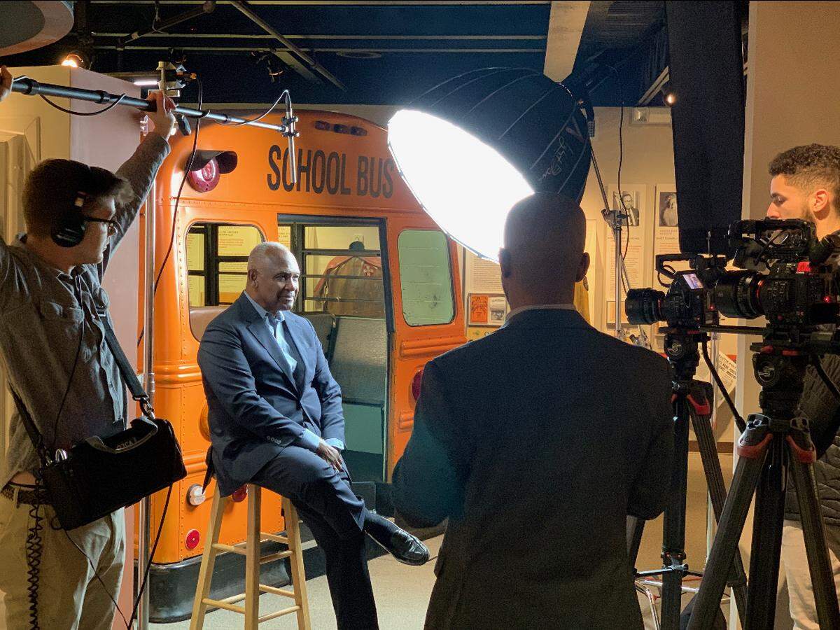 One of the interviews available on the new Interactive CLT app features former Charlotte Mayor Harvey Gantt, pictured here during his interview at the Levine Museum. Visitors using the app can hear Gantt talk about being Charlotte’s first Black mayor.