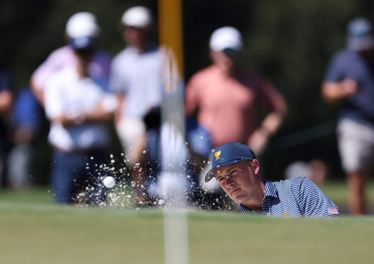 Jordan Spieth hits out of a sand trap during the second practice round at the Presidents Cup at Quail Hollow Golf Club in Charlotte, N.C., on Wednesday, September 21, 2022.