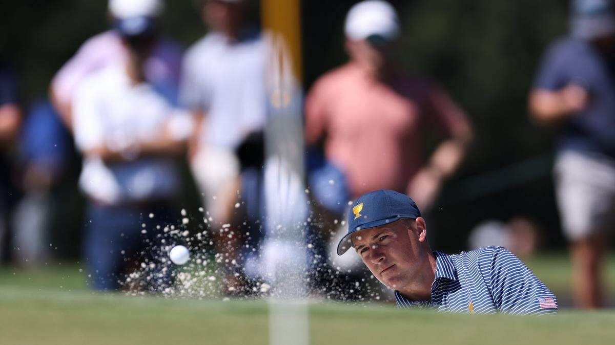 Jordan Spieth hits out of a sand trap during the second practice round at the Presidents Cup at Quail Hollow Golf Club in Charlotte, N.C., on Wednesday, September 21, 2022.