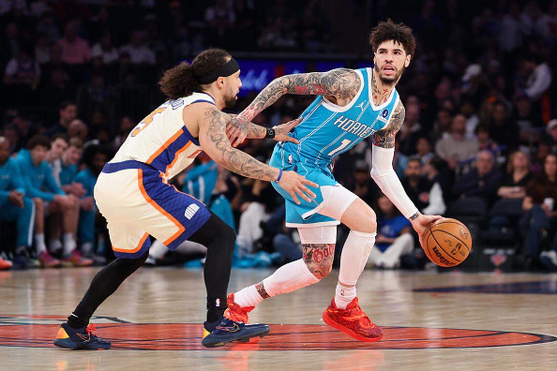 LaMelo Ball looks for an opening Sunday in Charlotte’s 110-96 win over the New York Knicks. Ball finished second in the NBA in three-pointers made this season, with 272. Teammate Kon Knueppel had 273.