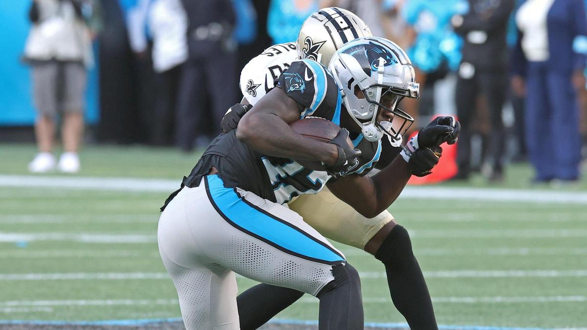 Carolina Panthers wide receiver Xavier Legette secures a pass from quarterback Bryce Young over the middle during fourth quarter action against the New Orleans Saints at Bank of America Stadium in Charlotte, NC on Sunday, November 3, 2024. The Panthers defeated the Saints 23-22.