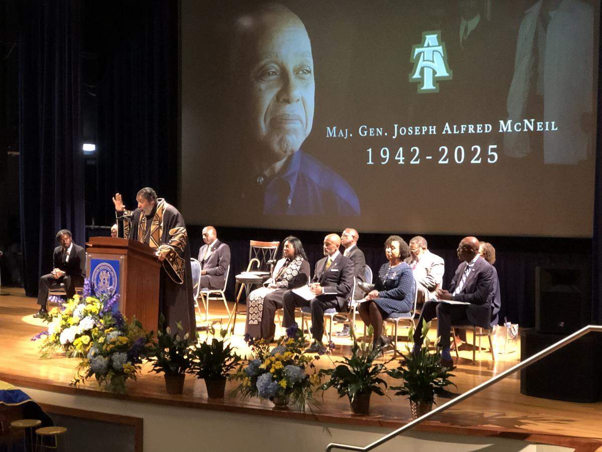Rev. William Barber II speaks during the memorial service for Maj. Gen. Joseph McNeil on Thursday at North Carolina A&T State University in Greensboro.