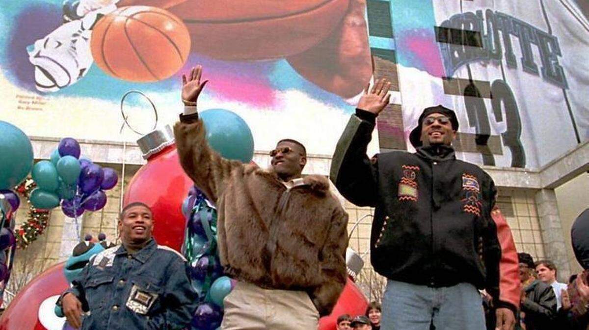 The combination of (from right) Alonzo Mourning, Larry Johnson and Muggsy Bogues was once so popular in Charlotte they were pictured together on an uptown mural.