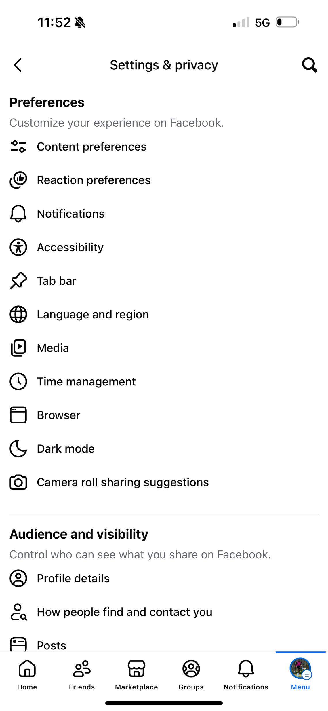 This screenshot shows the “Preferences” menu on the Facebook app.