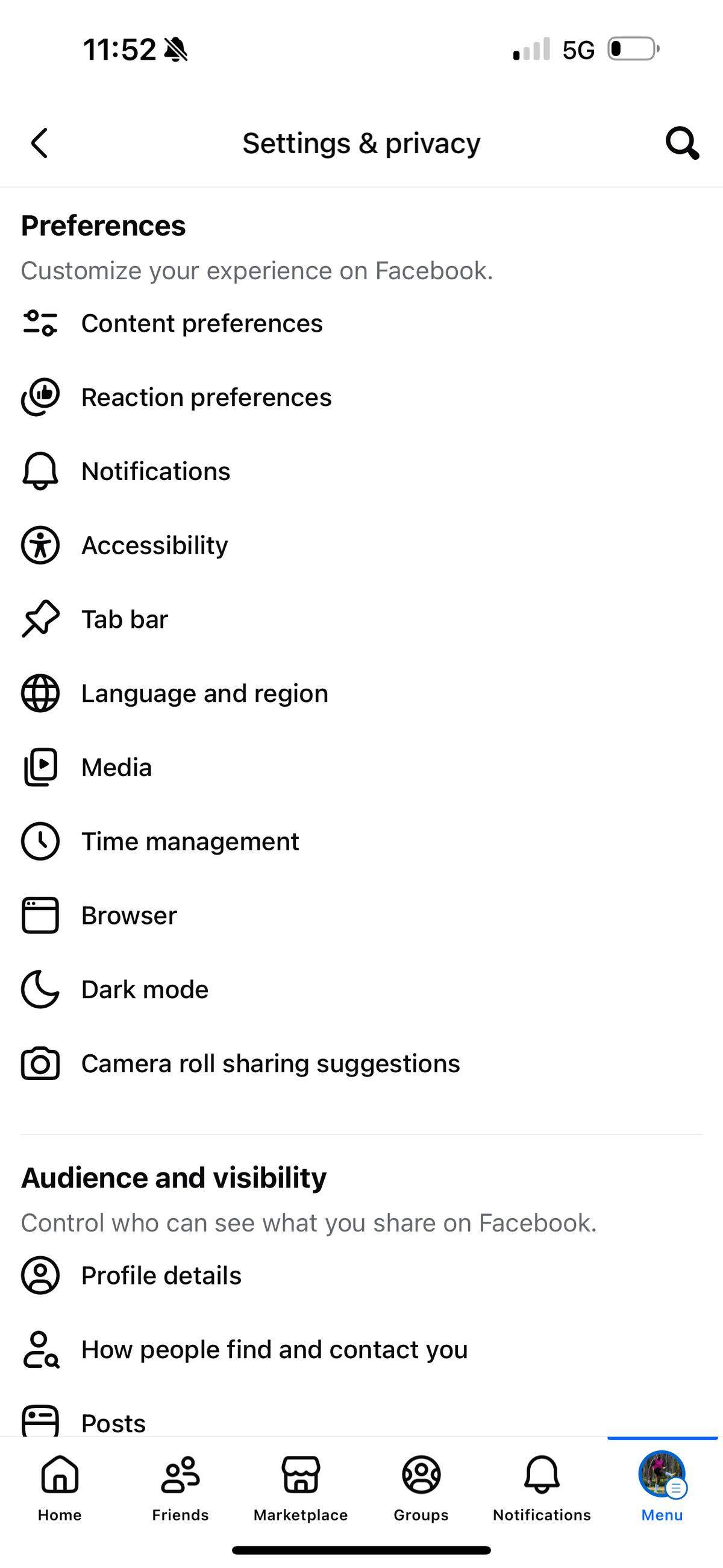 This screenshot shows the “Preferences” menu on the Facebook app.