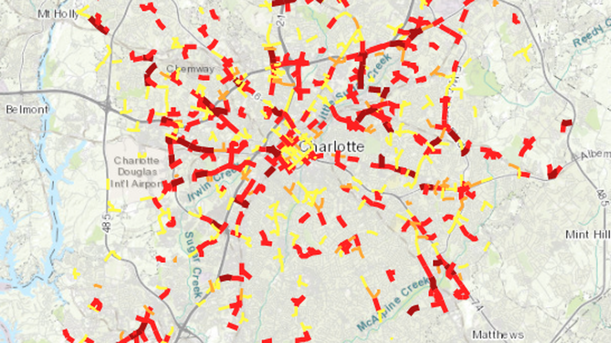 A visual representation of area in and around Charlotte where the most fatal and high-injury vehicle accidents occur.