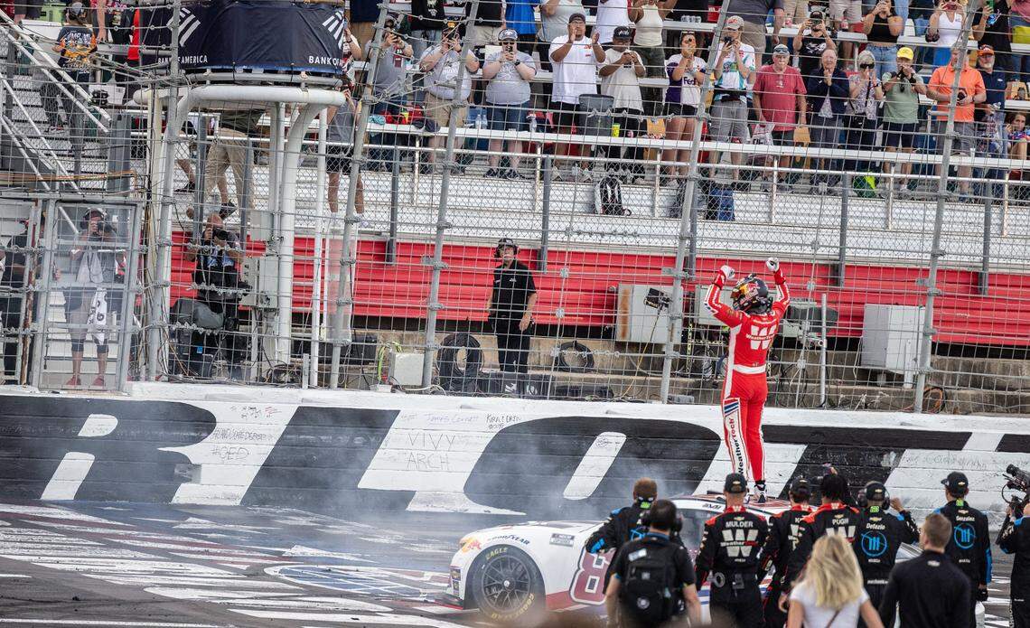 NASCAR Cup Series driver Shane van Gisbergen (88) celebrates winning the Bank of America Roval 400 on Sunday, Oct. 5, 2025, at Charlotte Motor Speedway.