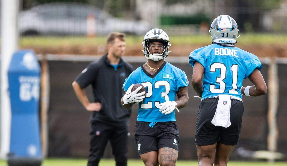 Carolina Panthers Trevor Etienne carries a ball during the Carolina Panthers Rookie Minicamp in Charlotte, N.C., on Saturday, May 10, 2025.